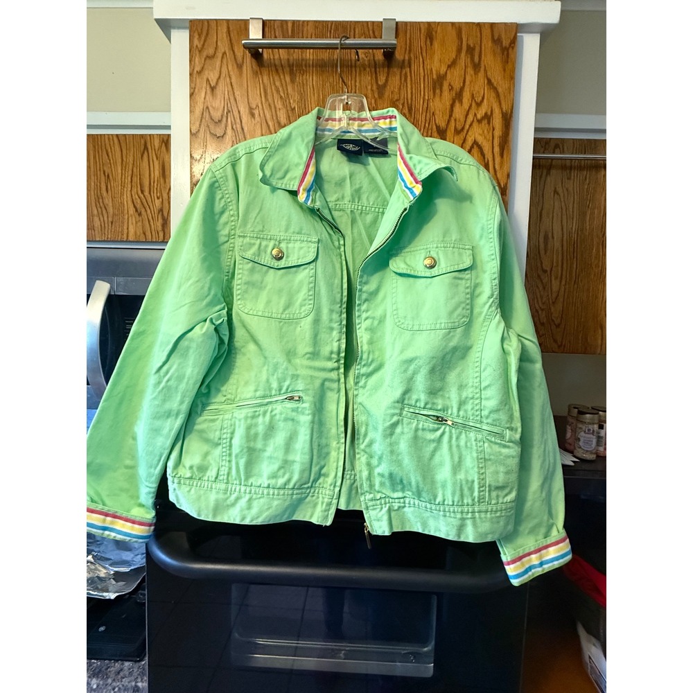 Lighthouse Apparel Lime Green‎ Cotton Zip Up Jacket Rainbow Trim Womens Large